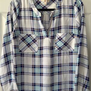 Skies Are Blue Plaid Peasant Blouse in Navy Mint